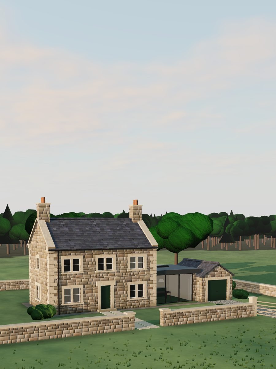 A Yorkshire stone house with a glazed side extension, set among drystone-walled fields in the Dales